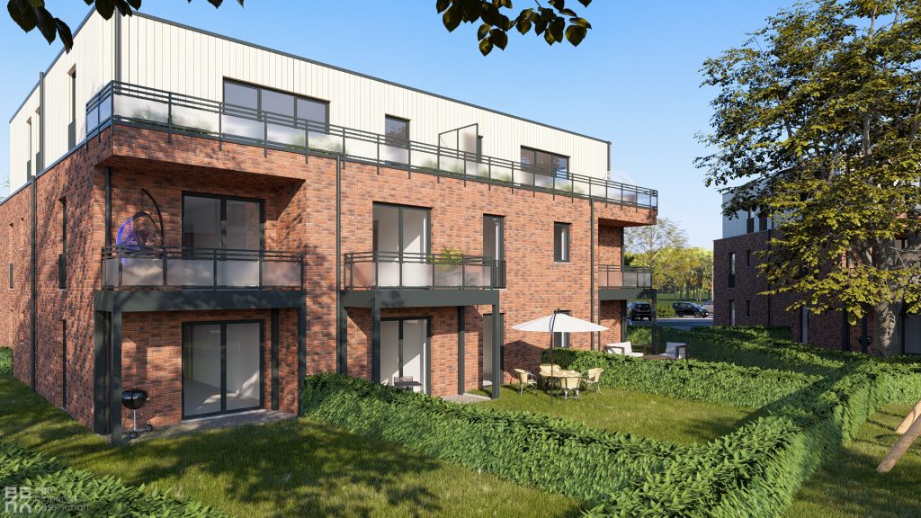 Visualisierung Neubau Hamminkeln-Brünen, Garten mit Terrasse