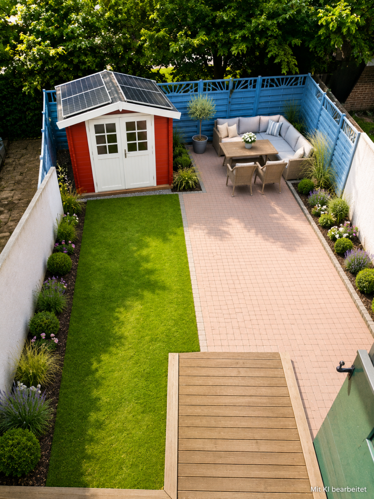 Garten mit Terrasse, Gartenhaus und Balkonkraftwerk